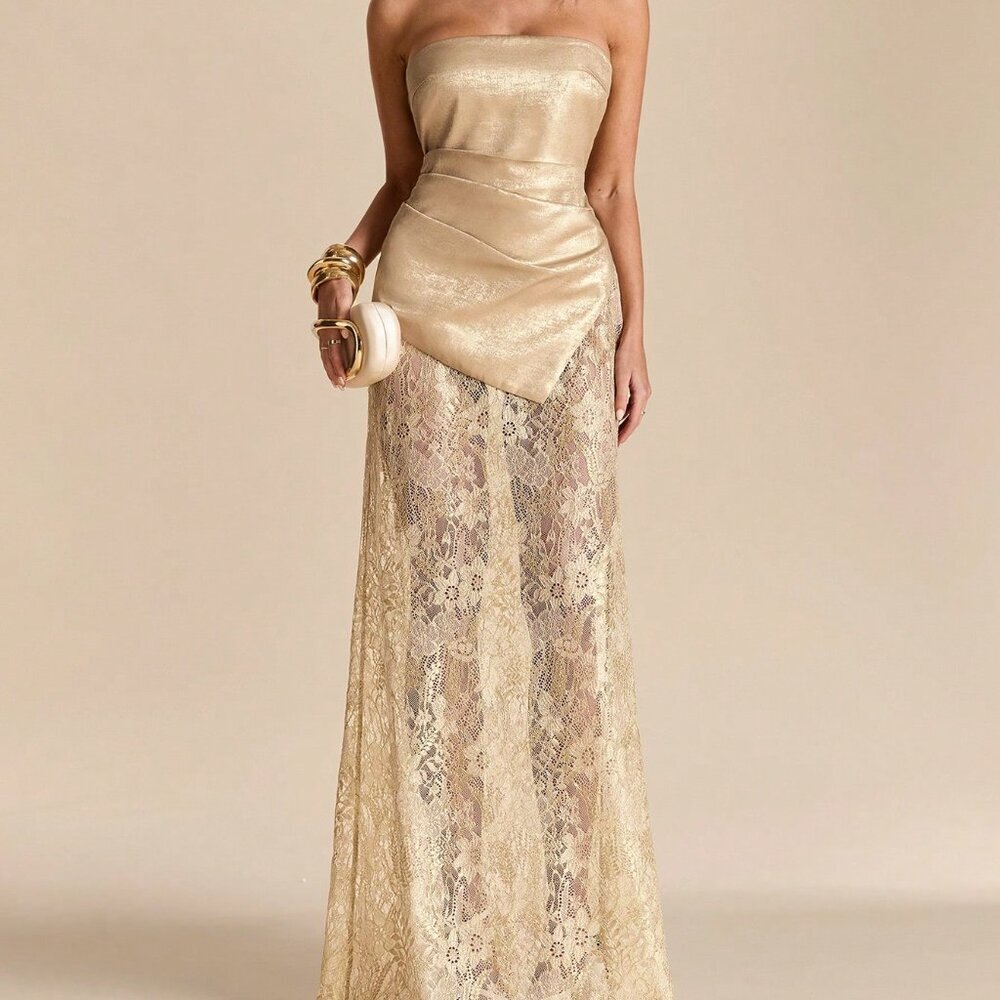 Gold Party Women's Asymmetric Hem Sheer Lace Elegant Mini Gown